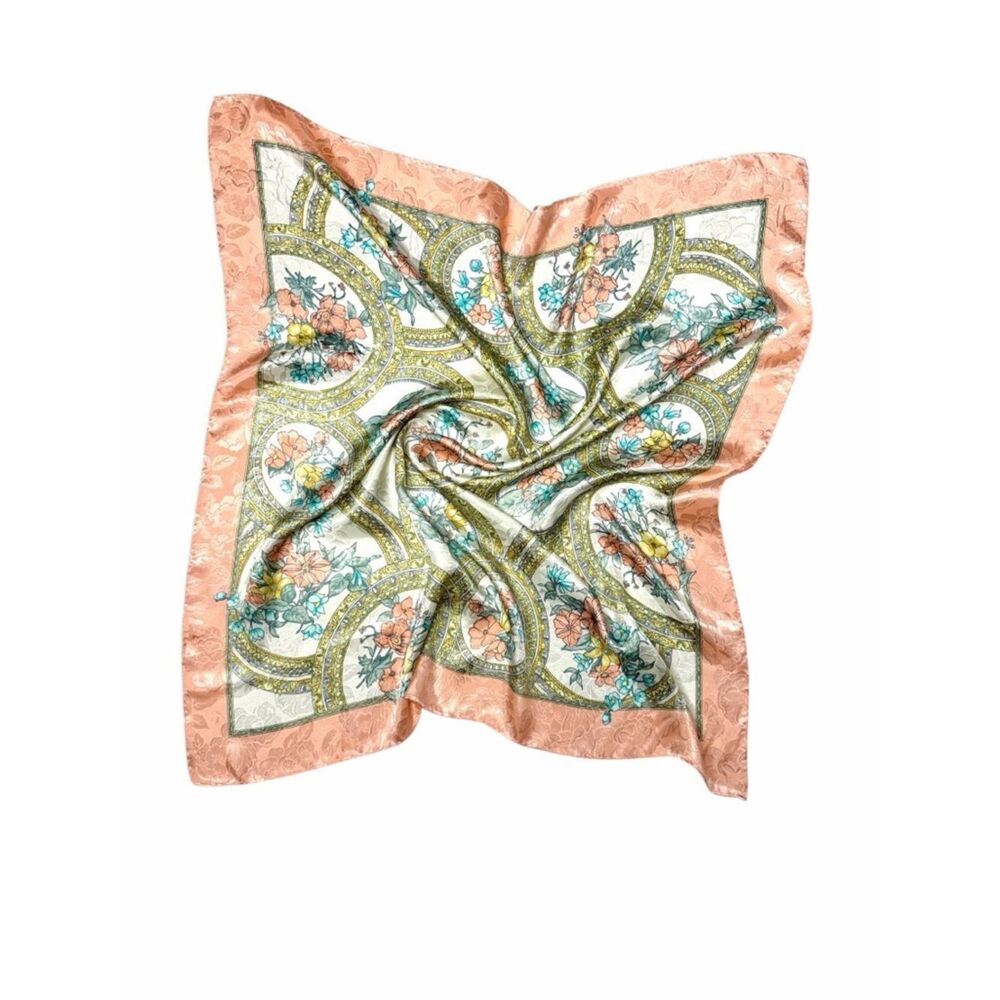 Silk Jacquard Square Scarf White Peach Floral Medallion Print Hand Rolled 29x29"